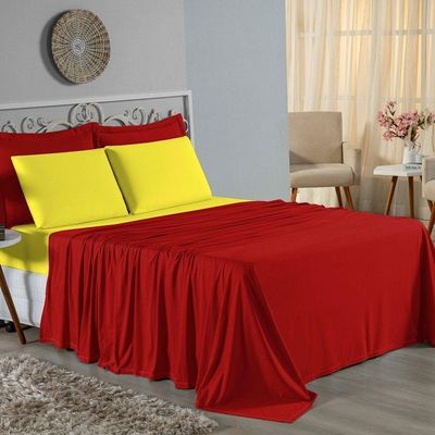 Jogo De Cama Casal Nobre 4 Peças Lençol Com Elástico De 30cm De Altura Malha 100% Algodão - Vermelho / Amarelo