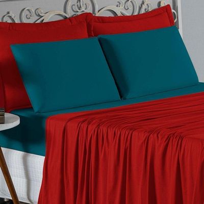 Jogo De Cama Casal Nobre 4 Peças Lençol Com Elástico De 30cm De Altura Malha 100% Algodão - Vermelho / Petróleo