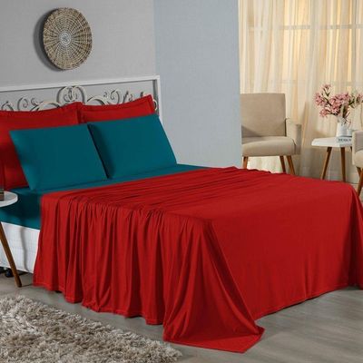 Jogo De Cama Casal Nobre 4 Peças Lençol Com Elástico De 30cm De Altura Malha 100% Algodão - Vermelho / Petróleo