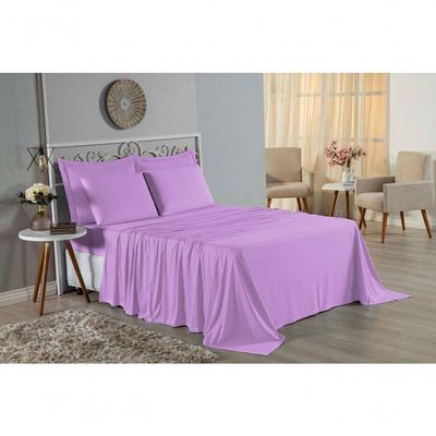 Jogo De Cama Casal Nobre 4 Peças Lençol Com Elástico De 30cm De Altura Malha 100% Algodão - Lilás
