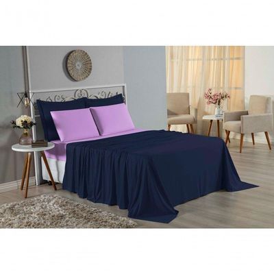 Jogo De Cama Queen Nobre 4 Peças Lençol Com Elástico De 30cm De Altura Malha 100% Algodão - Azul-marinho / Lilás