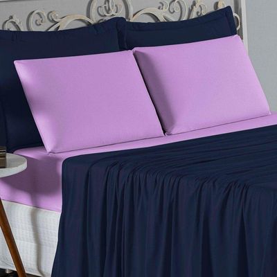 Jogo De Cama Queen Nobre 4 Peças Lençol Com Elástico De 30cm De Altura Malha 100% Algodão - Azul-marinho / Lilás