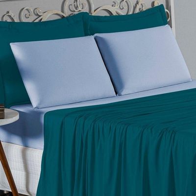 Jogo De Cama King Nobre 4 Peças Lençol Com Elástico De 30cm De Altura Malha 100% Algodão - Petróleo / Azul-bebê