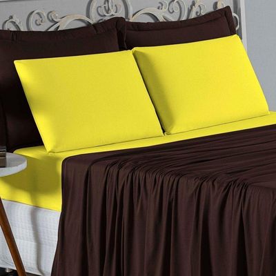 Jogo De Cama Casal Viúva Nobre 4 Peças Malha 100% Algodão - Marrom / Amarelo