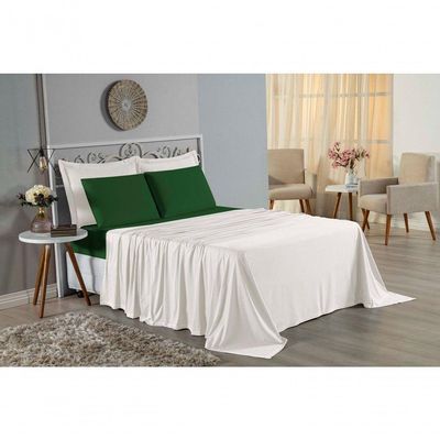 Jogo De Cama Casal Viúva Nobre 4 Peças Malha 100% Algodão - Palha / Verde-bandeira