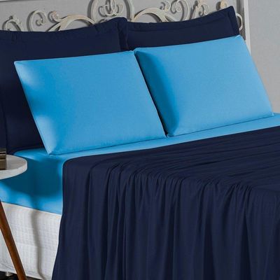Jogo De Cama Casal Viúva Nobre 4 Peças Malha 100% Algodão - Azul-marinho / Turquesa