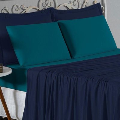 Jogo De Cama Casal Nobre 4 Peças Lençol Com Elástico De 30cm De Altura Malha 100% Algodão - Azul-marinho / Petróleo
