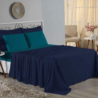 Jogo De Cama Casal Nobre 4 Peças Lençol Com Elástico De 30cm De Altura Malha 100% Algodão - Azul-marinho / Petróleo