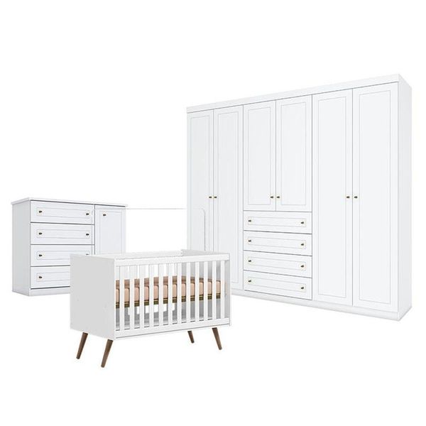 Quarto De Bebê Americano 6 Portas Com Berço Americano Q Encanto 3820 Retrô Branco Acetinado - Qmovi - Henn