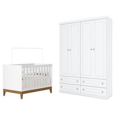 Berço Americano Flip Branco Acetinado Reller E Guarda Roupa Infantil 4 Portas Branco Hp