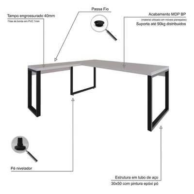 Mesa Em L Presidente 190x160x75cm Yon - Off White-est.preta Off White-est.preta