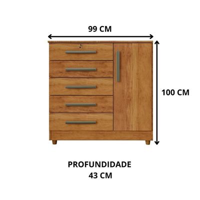 Cômoda Grande 5 Gavetas 1 Porta Com Chave Elegante Cedro Cedro