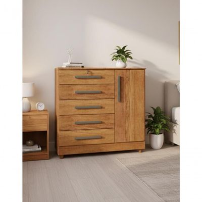 Cômoda Grande 5 Gavetas 1 Porta Com Chave Elegante Cedro Cedro
