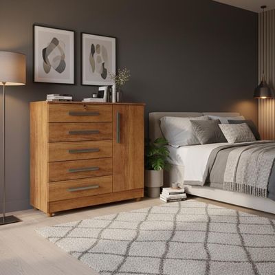 Cômoda Grande 5 Gavetas 1 Porta Com Chave Elegante Cedro Cedro