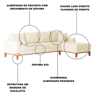 Sofá 4 Lugares Beny Com Chaise Direito Corino Bege