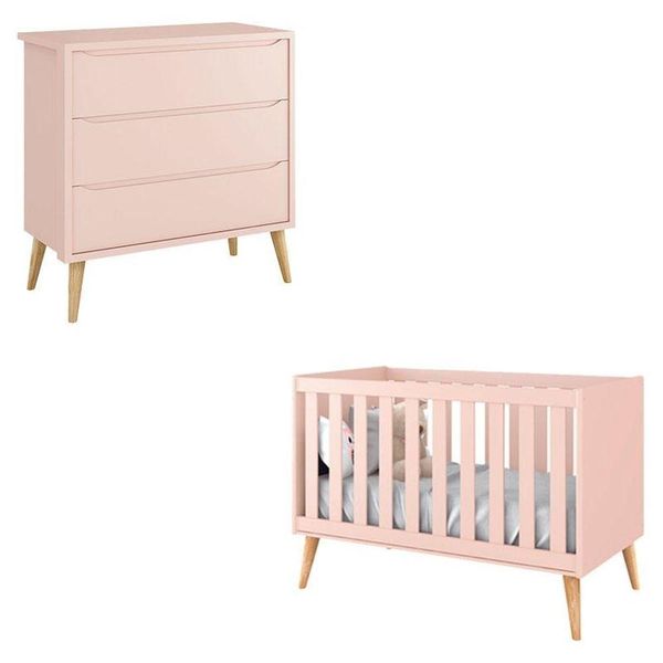 Berço Americano E Cômoda Infantil Gaveteiro Theo Rosa Com Pés Madeira Natural - Reller