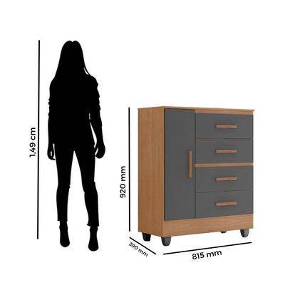 Guarda Roupa Casal Porto Com Cômoda Lite 4 Gavetas 01 Porta Nature Cinza - Móveis Leão