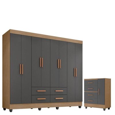 Guarda Roupa Casal Porto Com Cômoda Lite 4 Gavetas 01 Porta Nature Cinza - Móveis Leão