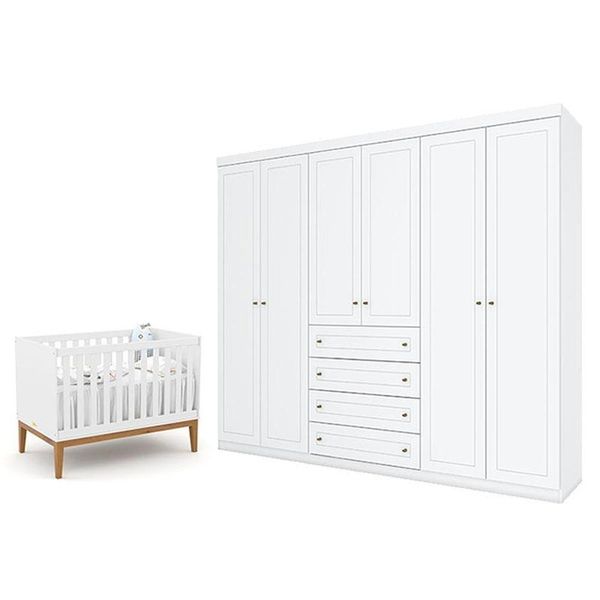 Berço Americano Unique Branco Soft Eco Wood - Matic E Guarda Roupa Casal Americano 6 Portas Branco Hp - Henn