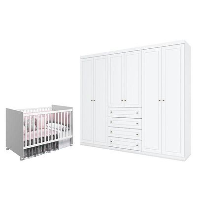 Berço Nacional Mel Branco Acetinado - Reller E Guarda Roupa Casal Americano 6 Portas Branco Hp - Henn