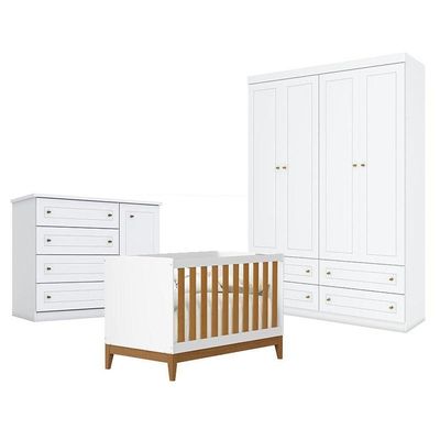 Quarto De Bebê Americano 4 Portas Com Berço Americano Flip Branco Acetinado Savana Reller - Henn