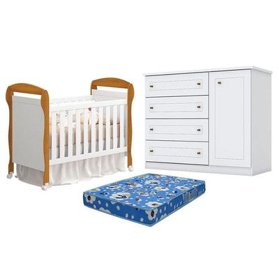 Berço Americano Danny Branco Acetinado Savana Reller E Cômoda Infantil Americana Branco Hp E Colchão Tendtudo - Henn.