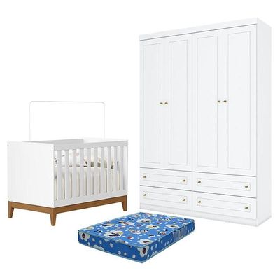Berço Americano Flip Branco Acetinado Reller E Guarda Roupa Infantil 4 Portas Branco Hp E Colchão Tendtudo - Henn