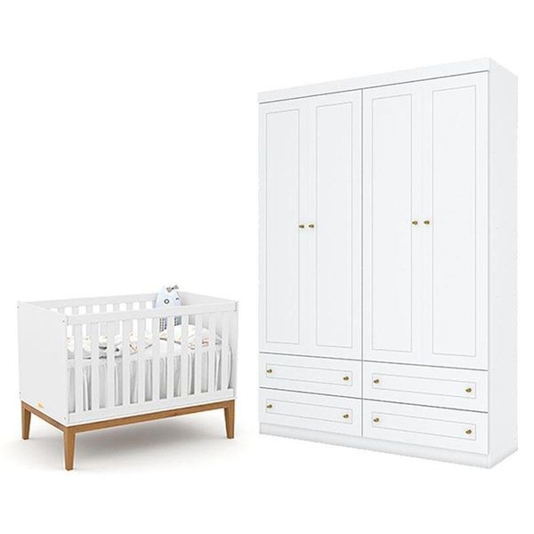 Berço Americano Unique Branco Soft Eco Wood - Matic E Guarda Roupa Infantil Americano 4 Porta Branco Hp - Henn