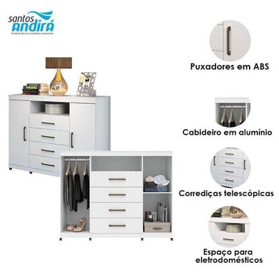 Comoda Havana Master Com Rodizio Branco Brilho - Santos Andirá