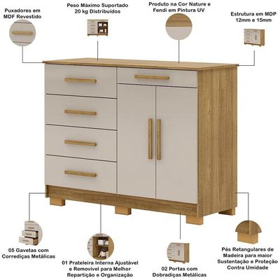 Cômoda Sapateira Para Quarto 2 Portas 5 Gavetas Biana V01 Nature Fendi - Lyam Decor
