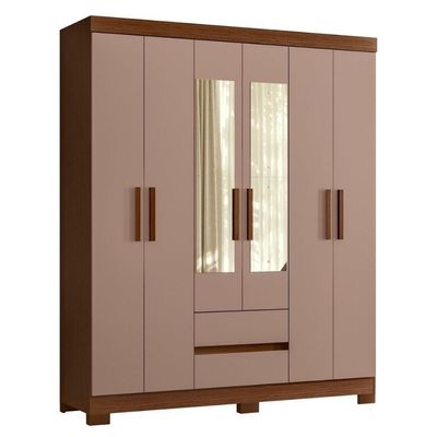 Armário De Quarto Com Espelho E Prateleiras 6 Portas Nogueira