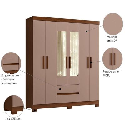 Armário De Quarto Com Espelho E Prateleiras 6 Portas Nogueira