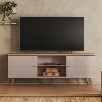 Rack Para Tv Com Puxadores Ponto E Divisória Central Grigio Fosco Canela