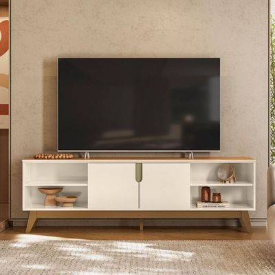 Rack Para Tv Off White Com Prateleiras E Pés Retrô Off White Canela