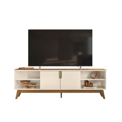 Rack Para Tv Off White Com Prateleiras E Pés Retrô Off White Canela