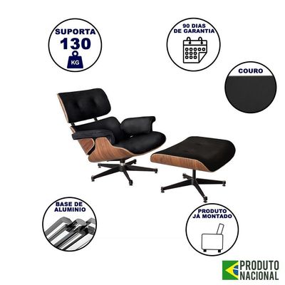 Poltrona Charles Eames Couro Com Puff Base Aluminio Preto