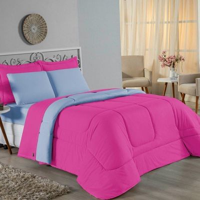 Kit Edredom Dupla Face + Jogo De Lençol Casal Viúva Nobre 7 Peças Malha 100% Algodão - Pink / Azul-bebê