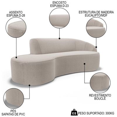 Sofá Living 3 Lugares 230cm Braço Direito Mozart D06 Bouclê Bege - Mpozenato