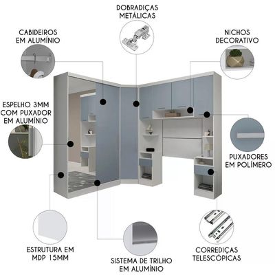 Guarda Roupa Solteiro Modulado Espelho Cp06 Taiga Branco/grey L01 - Mpozenato
