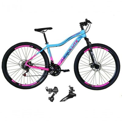 Bicicleta Feminina Aro 29 Absolute Hera 24v Alumínio Câmbios Shimano Freio A Disco Azul-Rosa 15