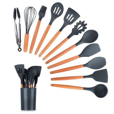 Kit 12 Peças Utensilios De Cozinha Colher Espatula Fue Pincel Cinza