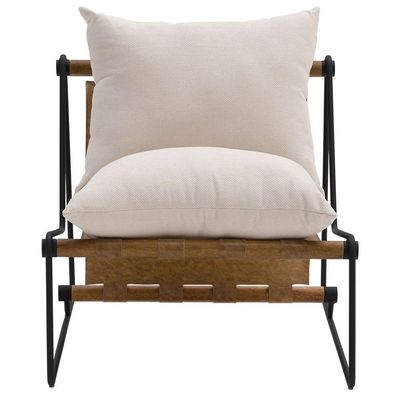 Poltrona Decorativa Turim Base Aço Preto Recouro Camel Linho Off White - Nexta Casa