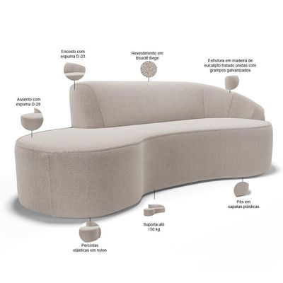 Sofá 4 Lugares Curvo Living Firenze Direito D02 Bouclê Creme 280cm B-54 - Lyam