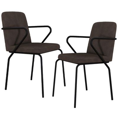 Kit 02 Cadeiras Estofada Para Sala De Jantar Com Braço Loft Preto C01 Bouclê Marrom - Lyam Decor