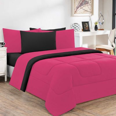 Kit Edredom + Jogo De Lençol Malha 100% Algodão Gran Moratta 7 Peças Casal - Pink /Preto