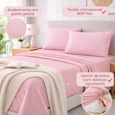Jogo de Lençol Casal Padrão Premium Soft 600 Fios Micropercal Rosa Bebê Ponto Palito Toque Macio 4 Peças