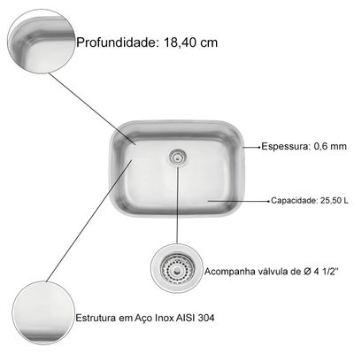 Cuba de Embutir Lavínia Aço Inox Acetinado 48 BL - Tramontina 94027/102