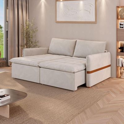 Sofá Cama Retrátil 3 Lugares Bárbara 1,80m Veludo Creme