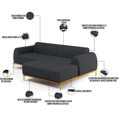 Sofá 4 Lugares Com Chaise Direito 265cm Chumbo