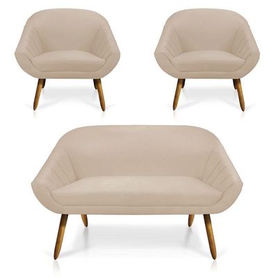 Kit 01 Namoradeira 02 Lugares e 02 Poltronas Giovana Suede Castanho Bege